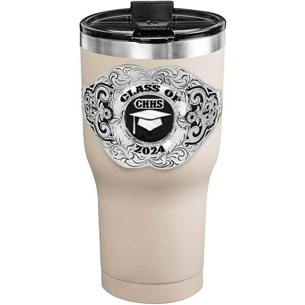 A customized tumbler made of stainless steel with a personalized engraved Class of 2024 lettering with graduate cap figure, 30 oz, ideal for coffee or cool drinks